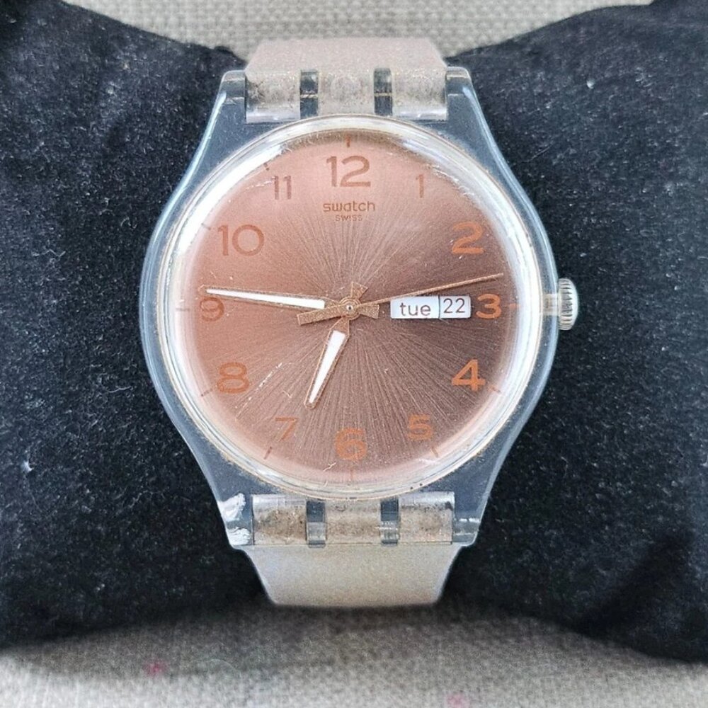 Swatch Pink Glistar SUOK703 Watch 40mm Silicone Rose Gold Tone Glitter